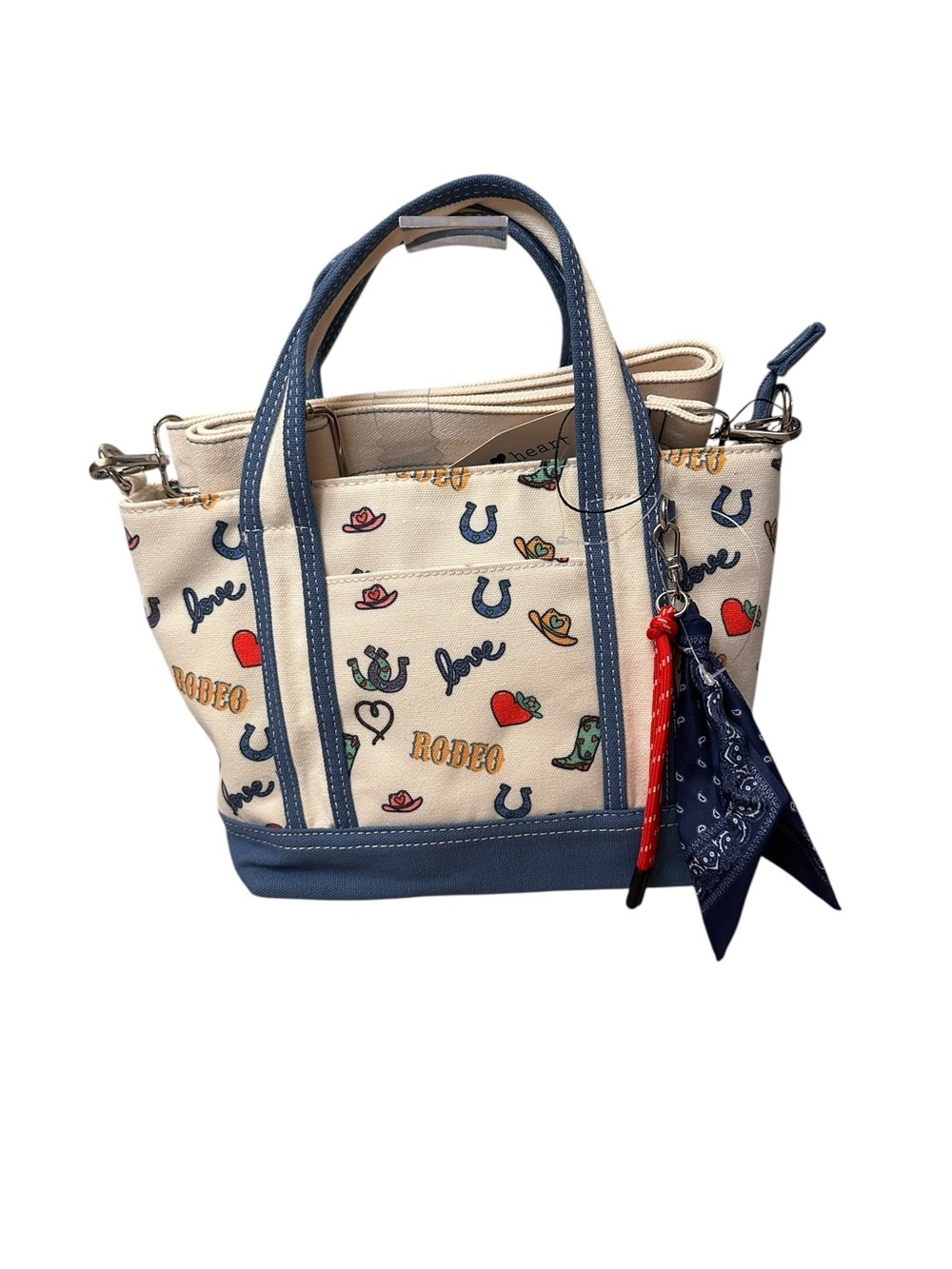 Derek Heart Blue Beige Western Cowboy Mini Zip Canvas Tote Crossbody Strap New